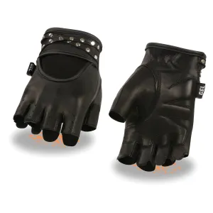 SH461 Women's Black Leather Gel Palm Fingerless Motorcycle Hand Gloves W/ Stylish ‘Wrist Detailing’