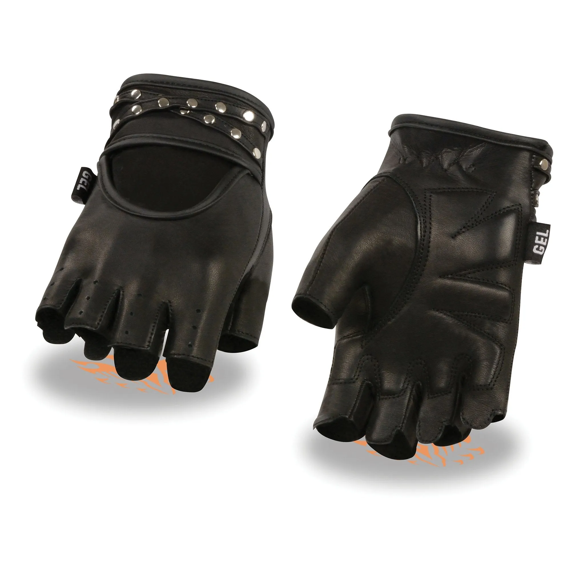 SH461 Women's Black Leather Gel Palm Fingerless Motorcycle Hand Gloves W/ Stylish ‘Wrist Detailing’
