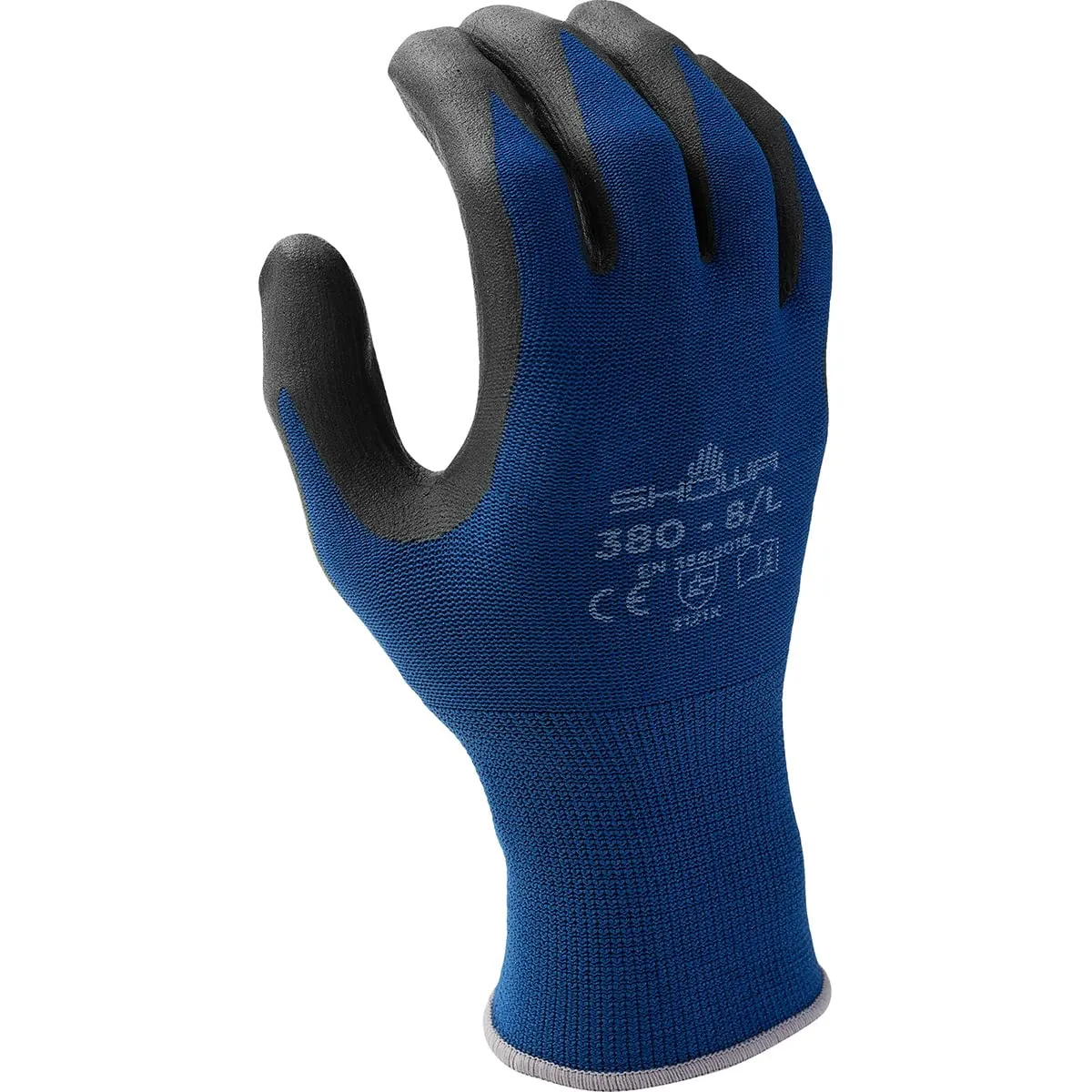 Showa 380 Blue Nylon Stitched Glove with Nitrile Foam Coating and Waffle Pattern