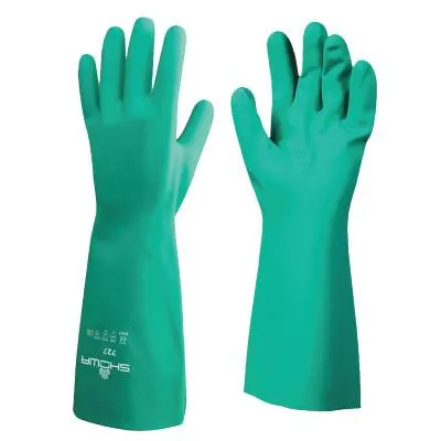 SHOWA® Nitrile Disposable Gloves, Gauntlet Cuff, Unlined Lined, Size 9/Large, Green, 727-09