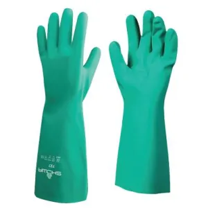 SHOWA® Nitrile Disposable Gloves, Gauntlet Cuff, Unlined Lined, Size 9/Large, Green, 727-09