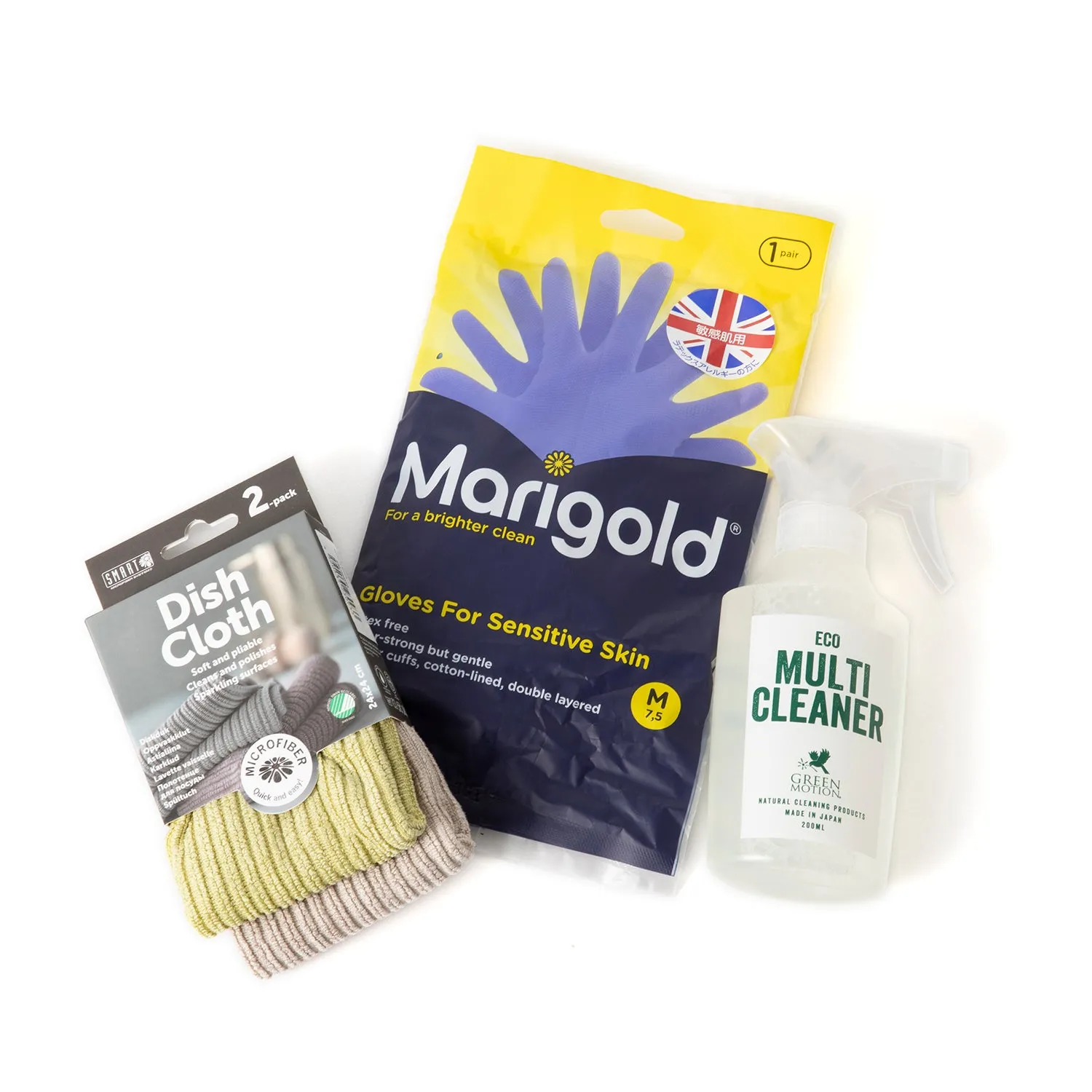 SMART×marigold×GREEN MOTION | マークスインターナショナル　SMART DISHCLOTH 2PC PACK＋MARIGOLD GLOVES SENSITIVE M＋GM ECO MULTI CLEANER 200ml