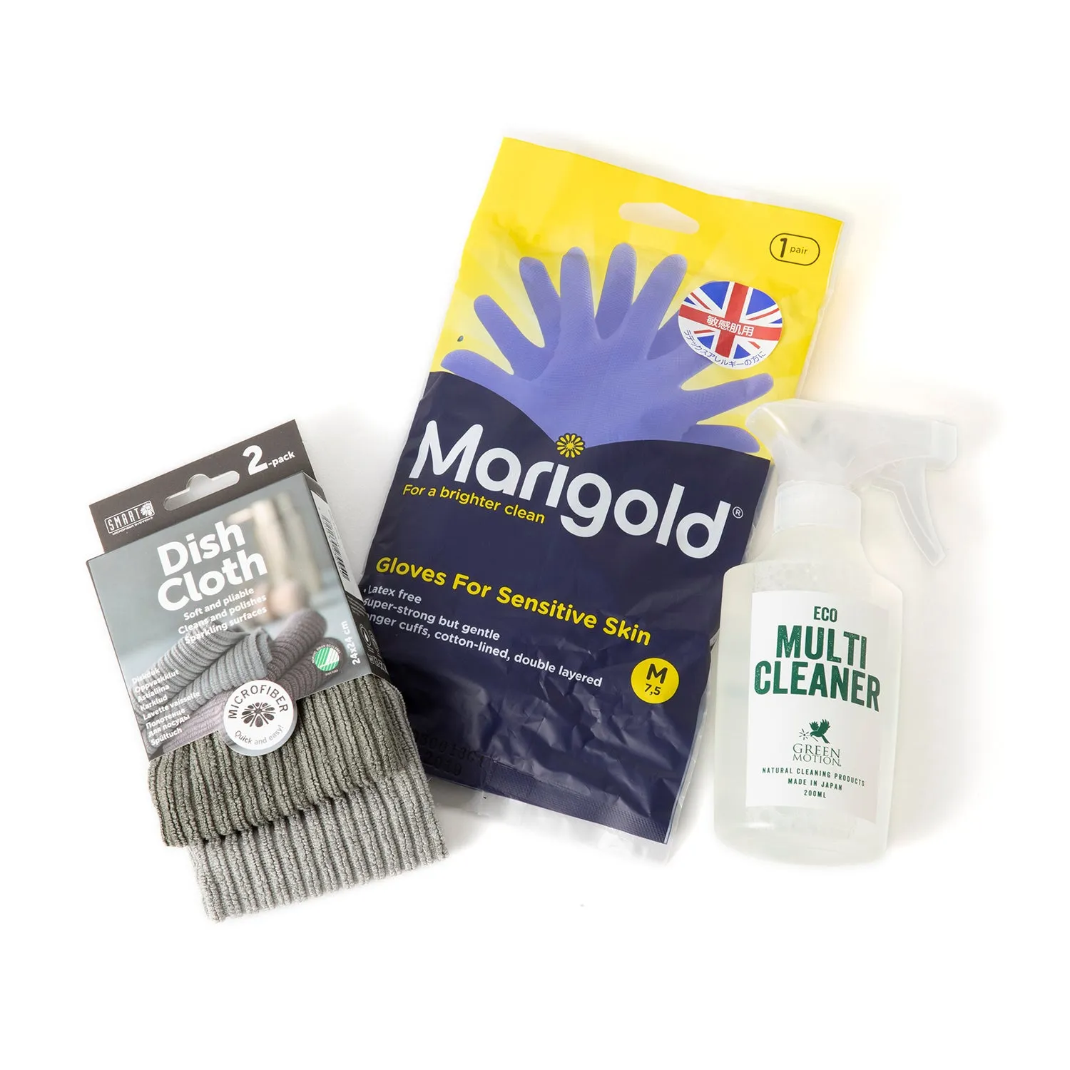SMART×marigold×GREEN MOTION | マークスインターナショナル　SMART DISHCLOTH 2PC PACK＋MARIGOLD GLOVES SENSITIVE M＋GM ECO MULTI CLEANER 200ml