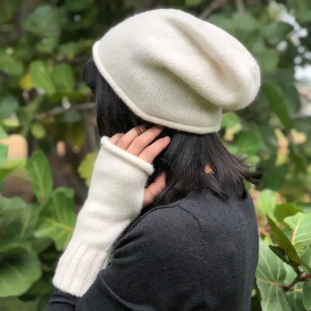 Snow-White Alpaca Fingerless Gloves with Superior Craftsmanship