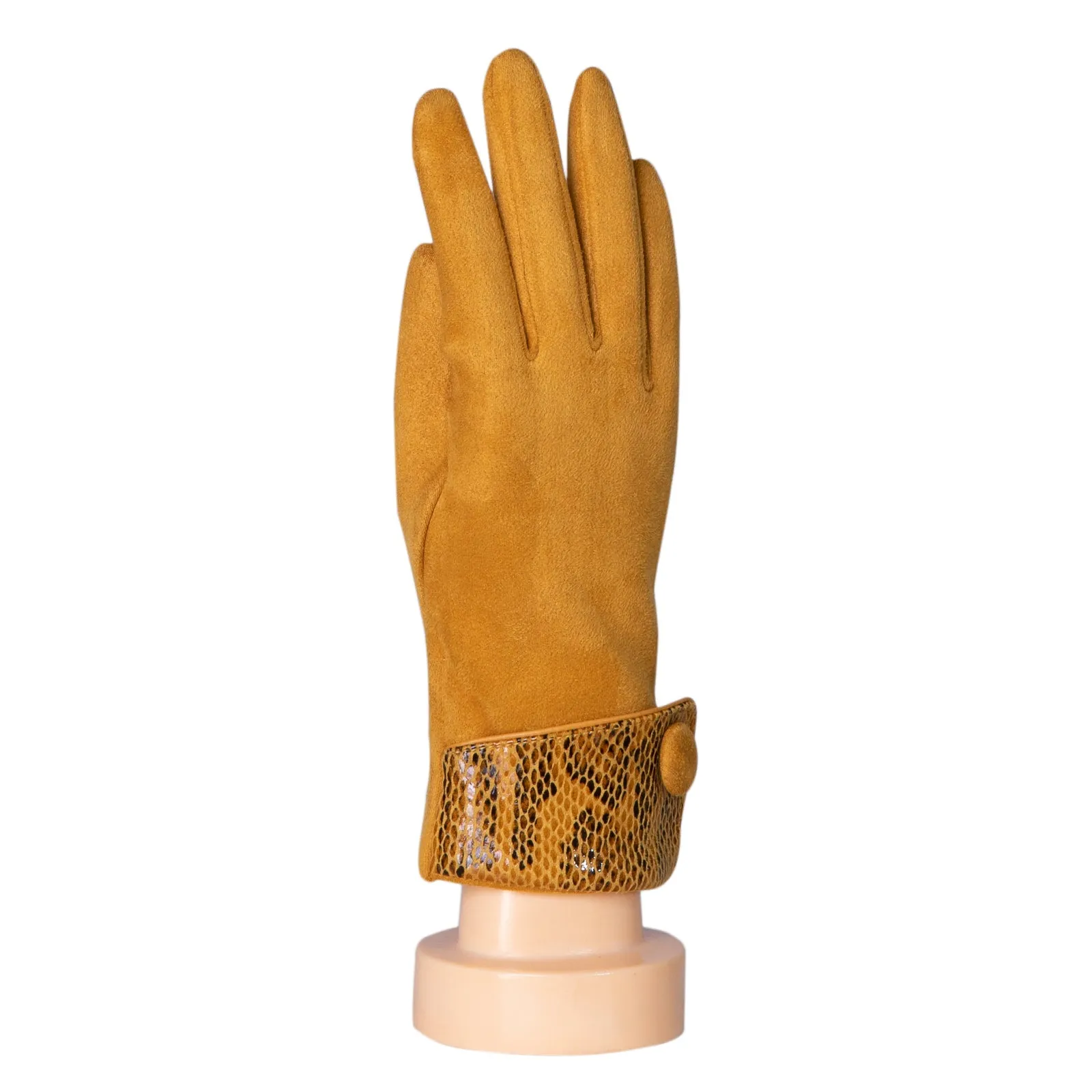 THSG1072: Mustard: Cuff Snake Print Button Gloves