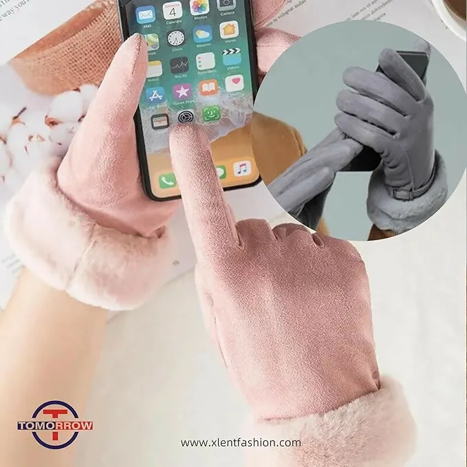 Tomorrow H Women's Winter Gloves Soft Touchscreen, Windproof, Faux Fur Cuff (MultiColours)