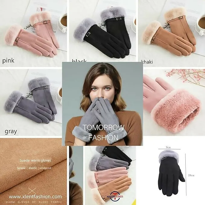 Tomorrow H Women's Winter Gloves Soft Touchscreen, Windproof, Faux Fur Cuff (MultiColours)