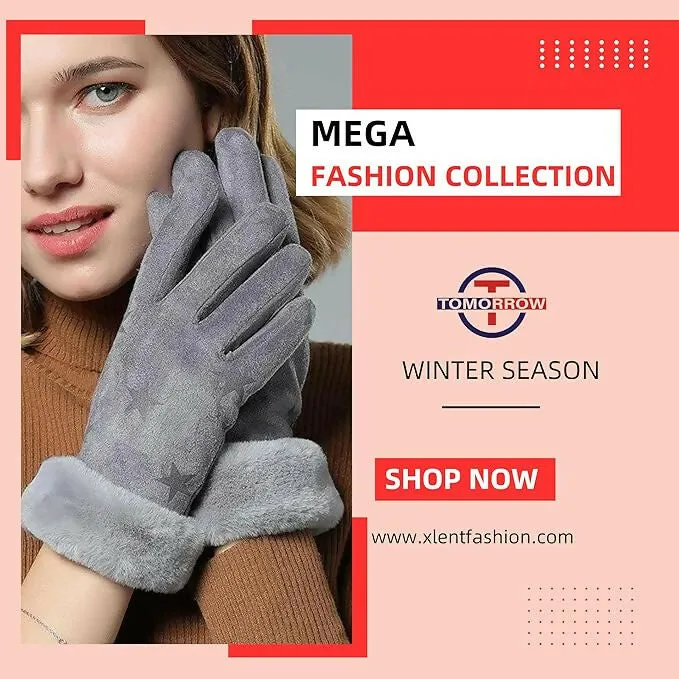 Tomorrow H Women's Winter Gloves Soft Touchscreen, Windproof, Faux Fur Cuff (MultiColours)