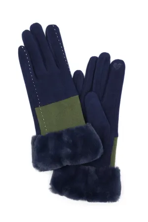 Two Tone and Stitch Lines Faux Fur Cuff Smart Touch Gloves Navy - Pack of 6