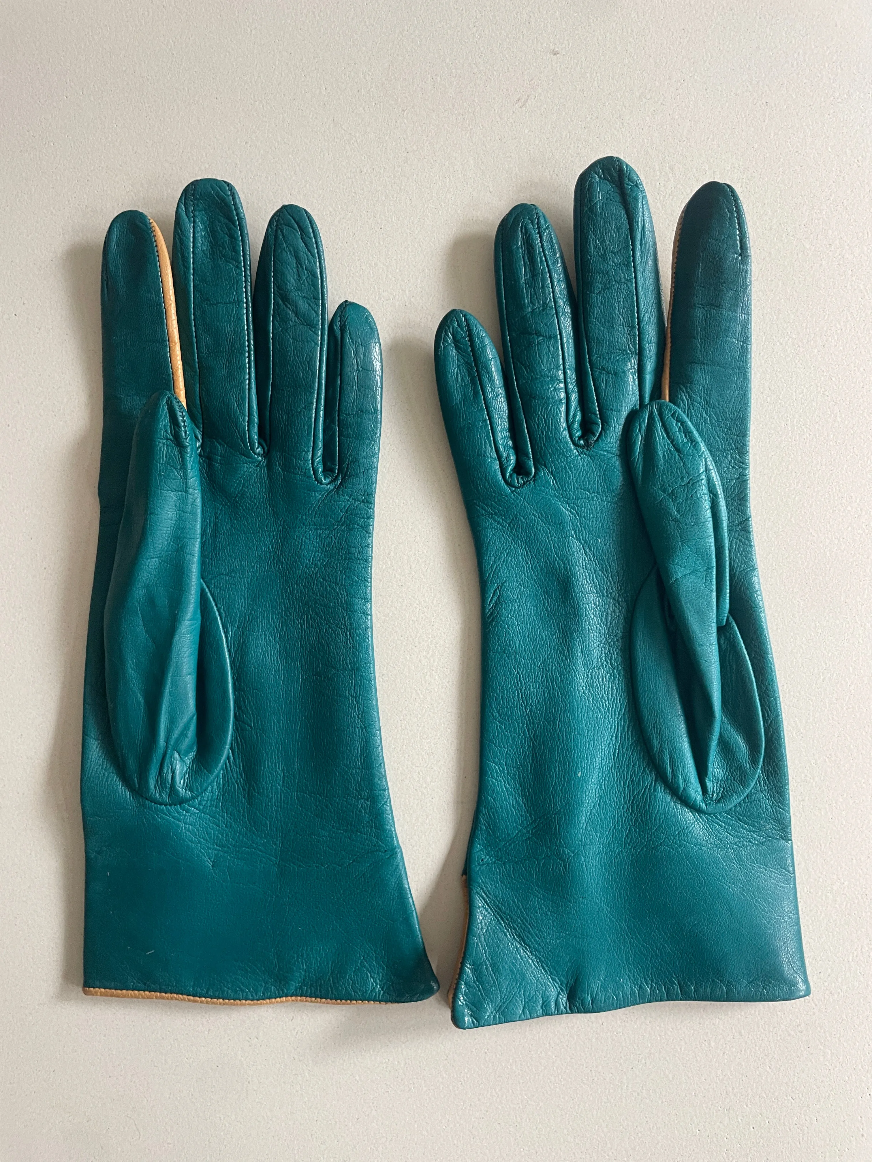 Vintage Teal and Tan Kid Leather Gloves