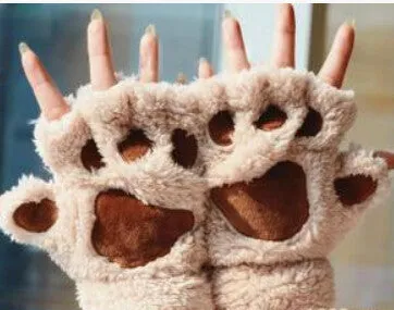 Winter Women Gloves Fluffy Bear Paw Claw Fingerless Cute Toweling Gloves Mittens Christmas Birthday Gift ST001