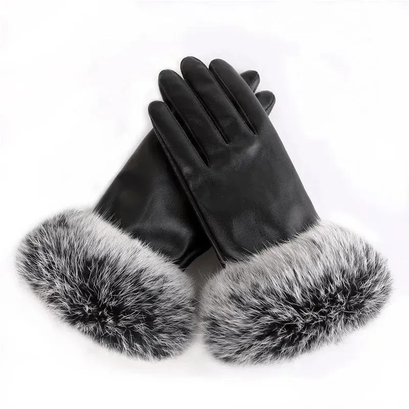 Women Lady Black Leather Gloves Autumn Winter Warm Rabbit Fur Mittens Worldmart