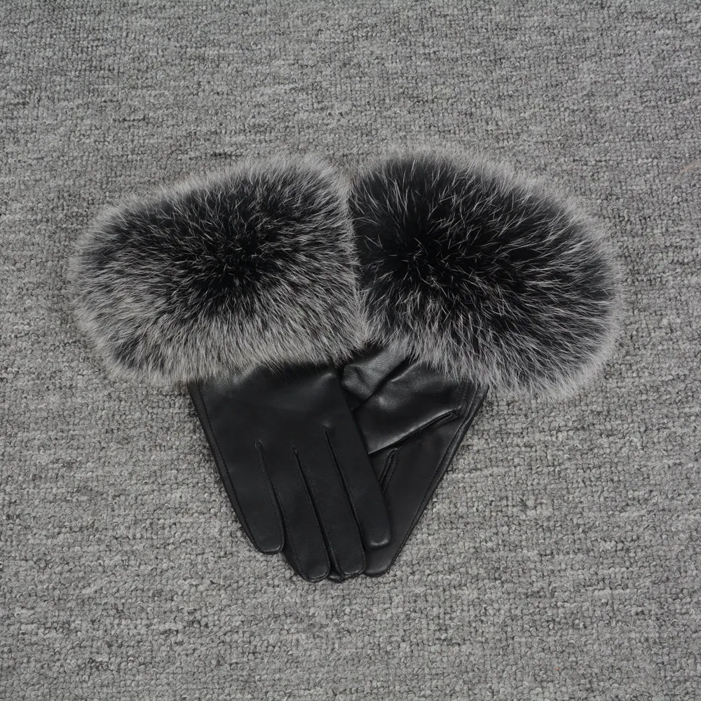 Women Warm Leather Gloves with Black Frosted Fox Fur Cuffs Size M