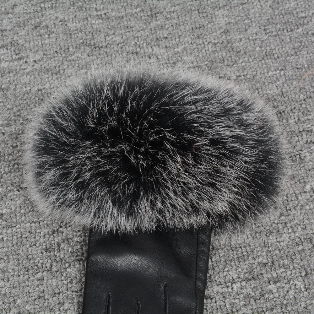 Women Warm Leather Gloves with Black Frosted Fox Fur Cuffs Size M