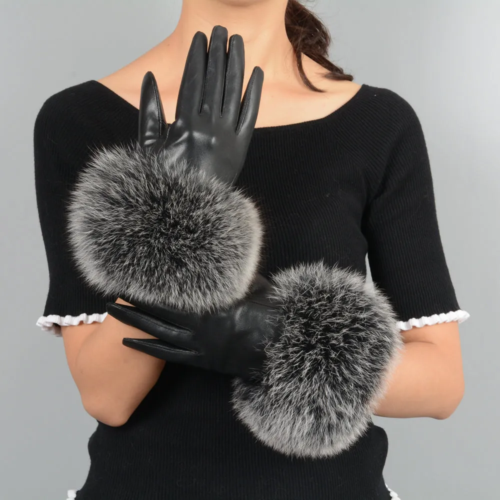 Women Warm Leather Gloves with Black Frosted Fox Fur Cuffs Size M