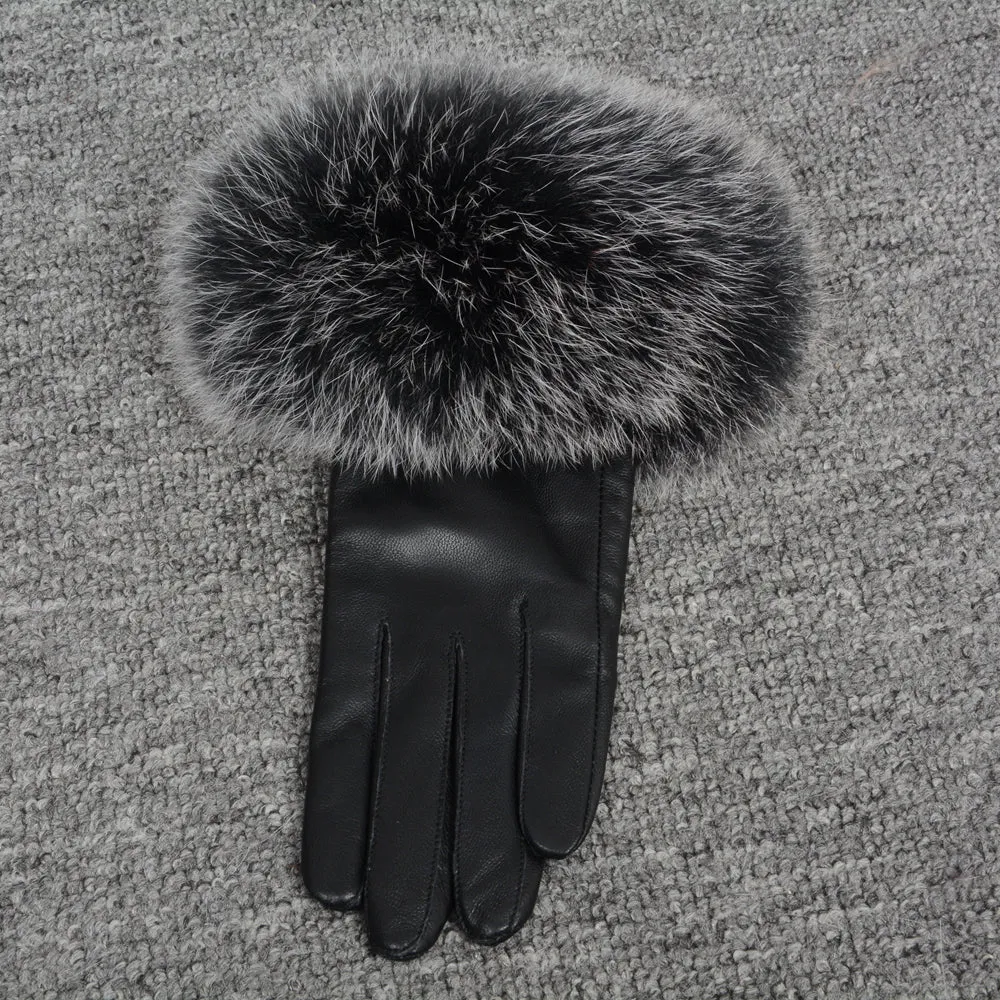 Women Warm Leather Gloves with Black Frosted Fox Fur Cuffs Size M