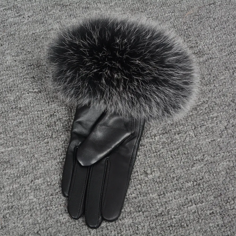 Women Warm Leather Gloves with Black Frosted Fox Fur Cuffs Size M