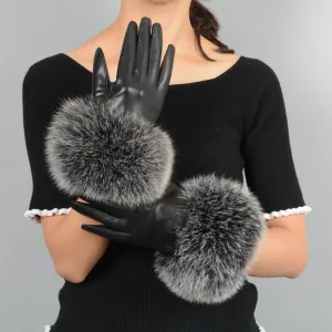 Women Warm Leather Gloves with Black Frosted Fox Fur Cuffs Size M