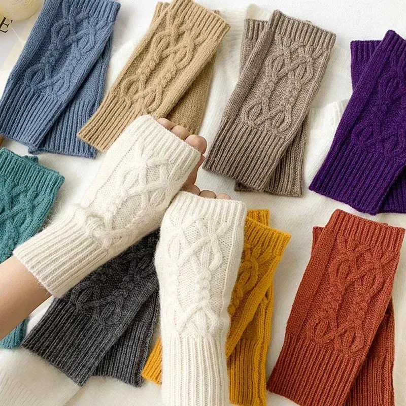 Women Winter Fingerless Gloves Warm Soft Wool Knitted Mittens Elegant Wrist Arm Hand Half Finger Elastic Short Gloves