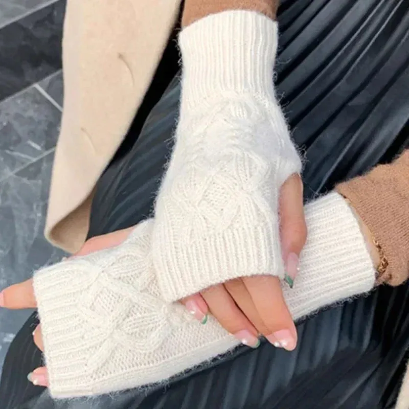 Women Winter Fingerless Gloves Warm Soft Wool Knitted Mittens Elegant Wrist Arm Hand Half Finger Elastic Short Gloves