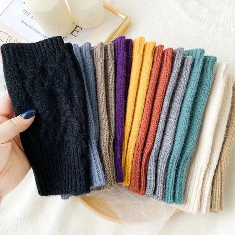 Women Winter Fingerless Gloves Warm Soft Wool Knitted Mittens Elegant Wrist Arm Hand Half Finger Elastic Short Gloves