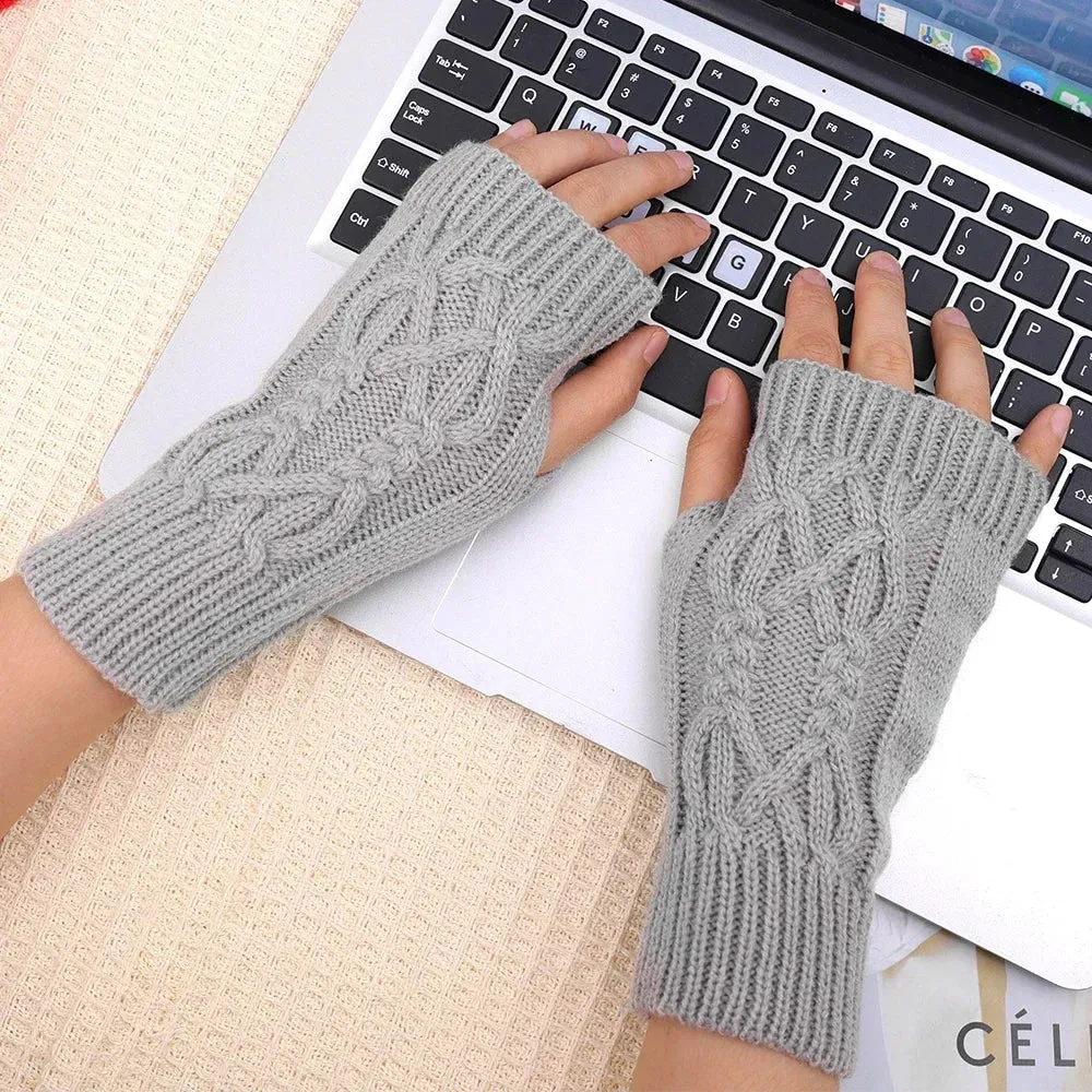 Women Winter Fingerless Gloves Warm Soft Wool Knitted Mittens Elegant Wrist Arm Hand Half Finger Elastic Short Gloves