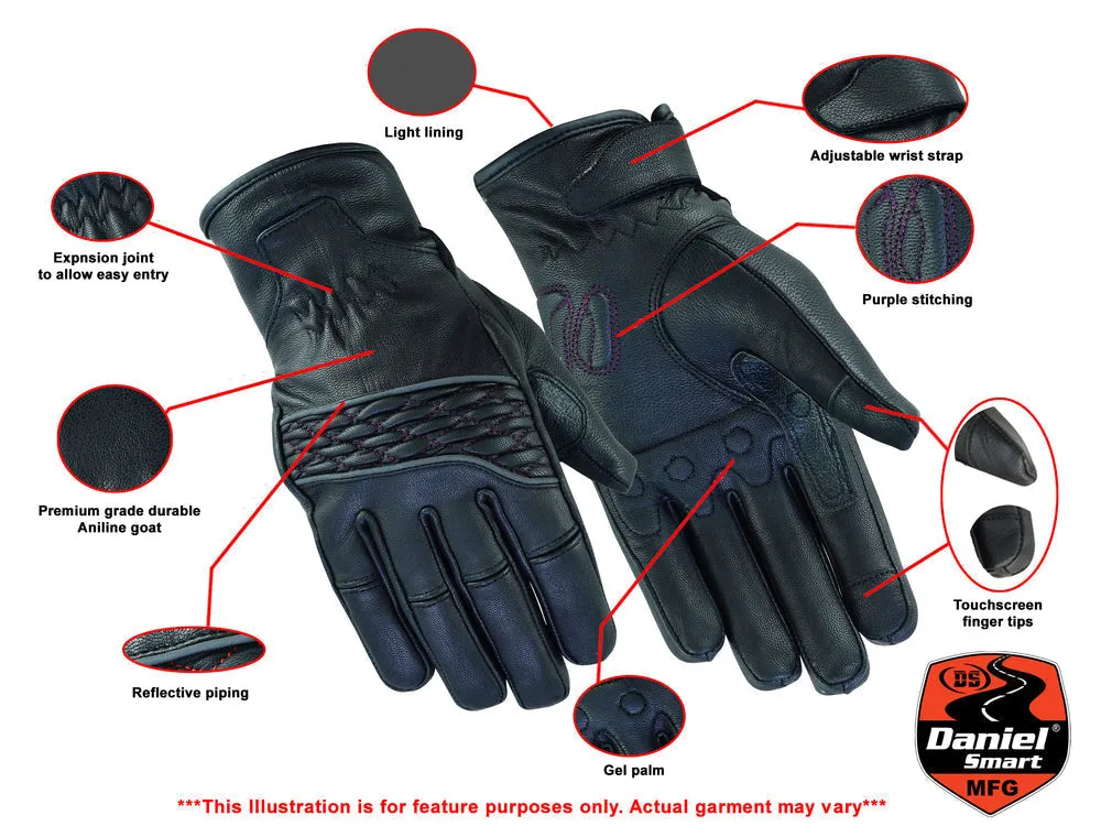 Women's Black/Purple Cruiser Leather Gloves – Gel Palm, Touchscreen, Hot Pink Stitching