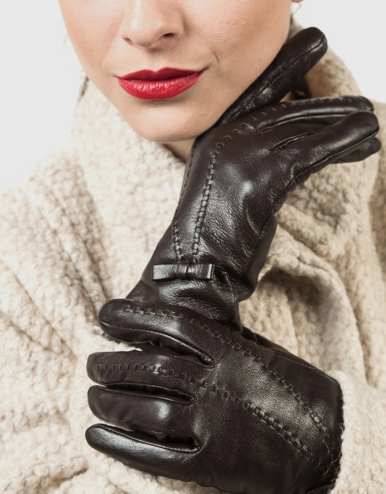 Women's Bow and Stitch Touchscreen Sheepskin Gloves