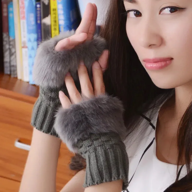 Women's Winter Knitted Wool Half-Finger Gloves - Plush