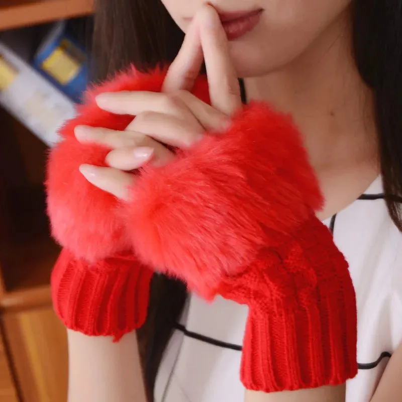 Women's Winter Knitted Wool Half-Finger Gloves - Plush
