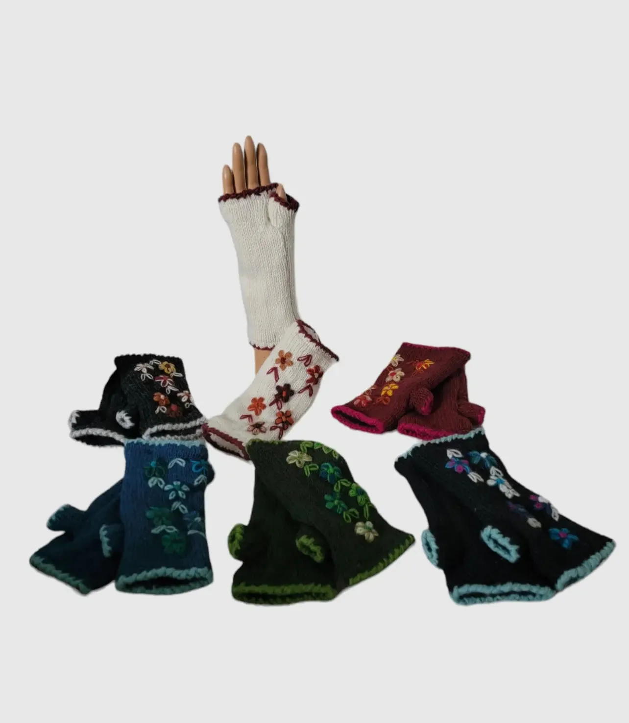 Wool Knitted Hand warmers with Vertical Flower Embroidery