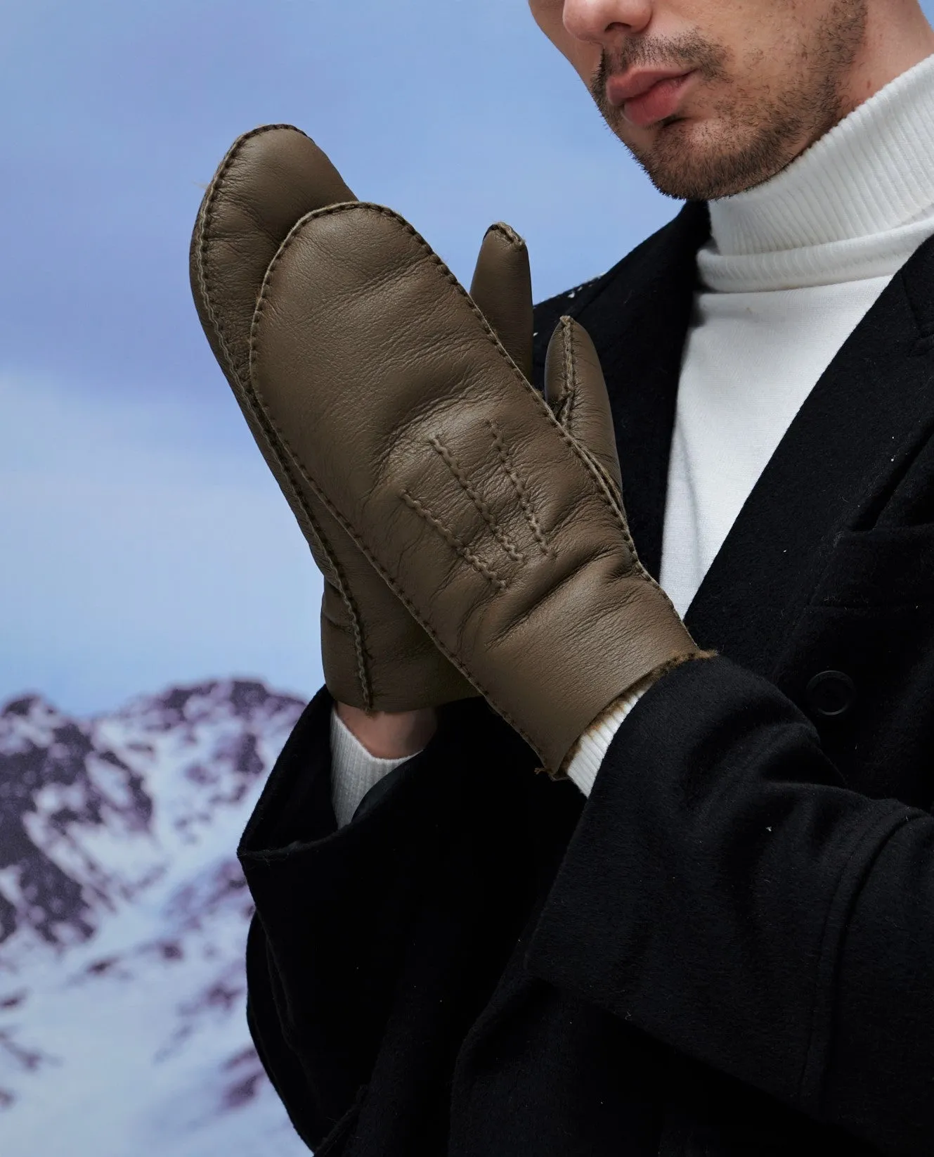 YISEVEN Men's Sheepskin  Shearling Leather Gloves(Mittens)