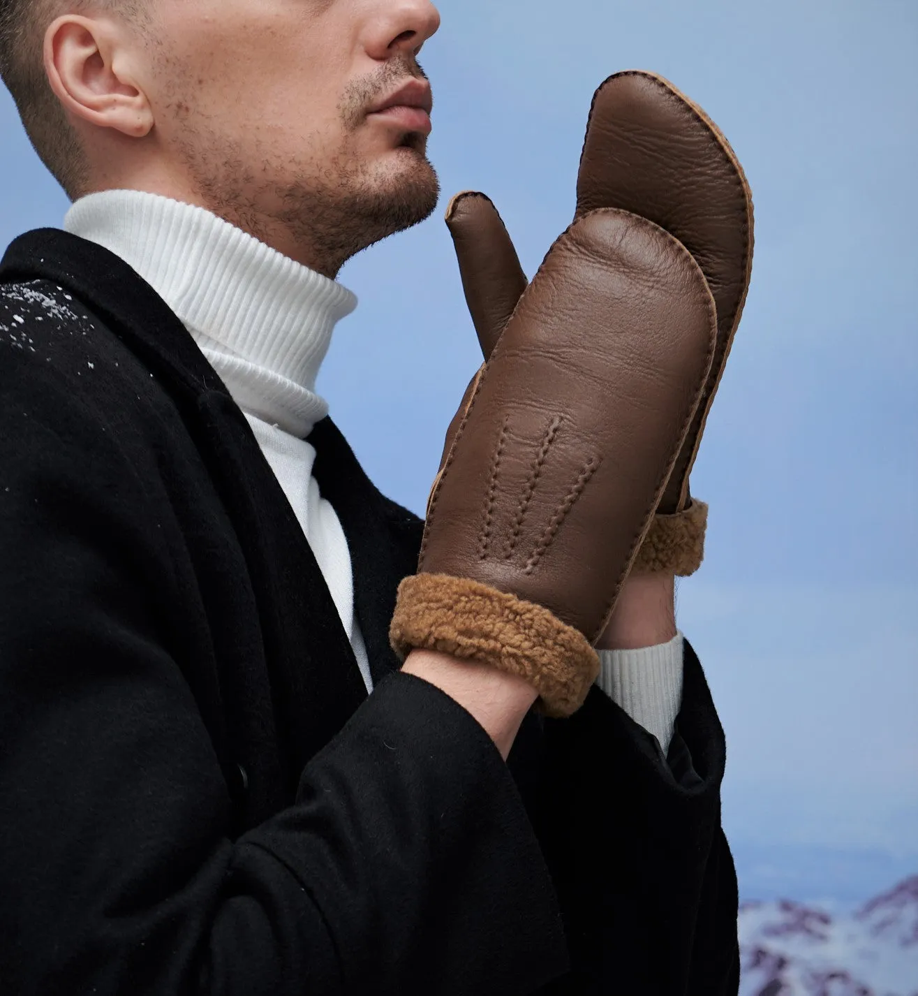 YISEVEN Men's Sheepskin  Shearling Leather Gloves(Mittens)